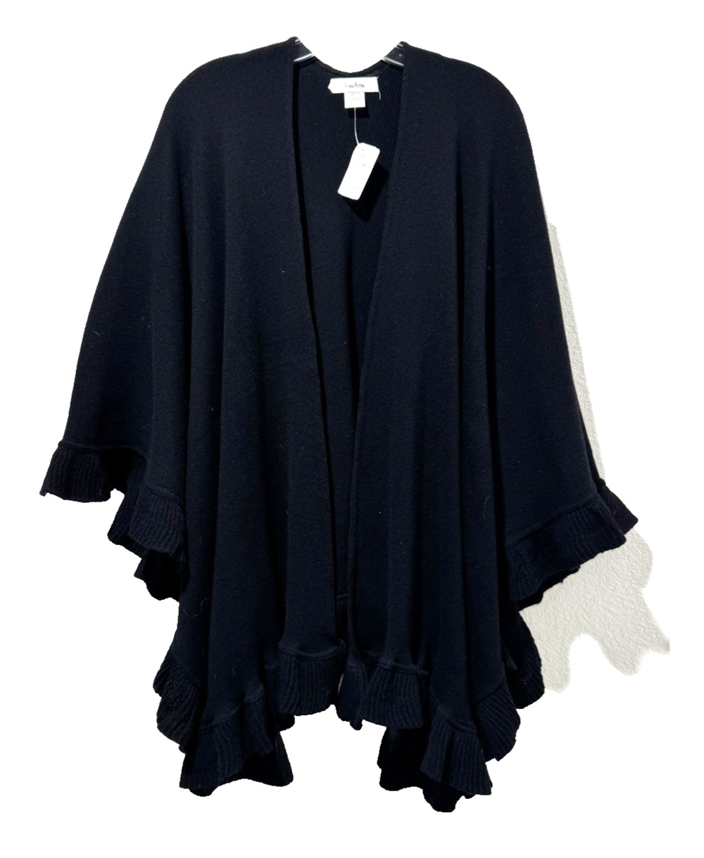 NWT Neiman Marcus Black Wool Cashmere Blend Cape Poncho Ruffle Women's One Size